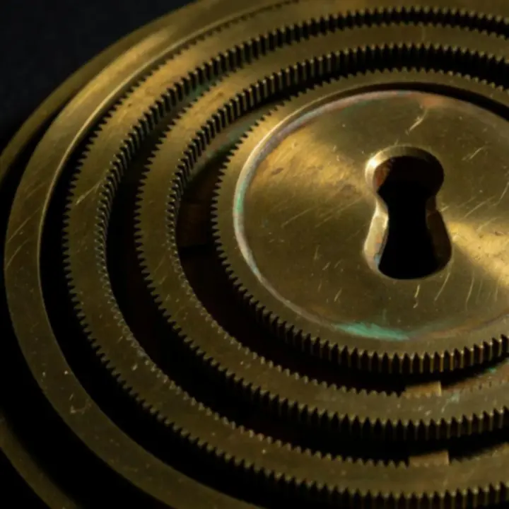 Zbliżenie na trójczęściowy mosiężny mechanizm z ruchomymi pierścieniami w stylu The Room Three
