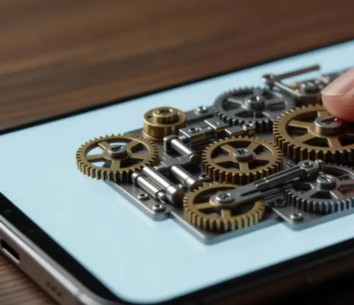 Palec dotykający ekran z mosiężnym elementem mechanizmu
