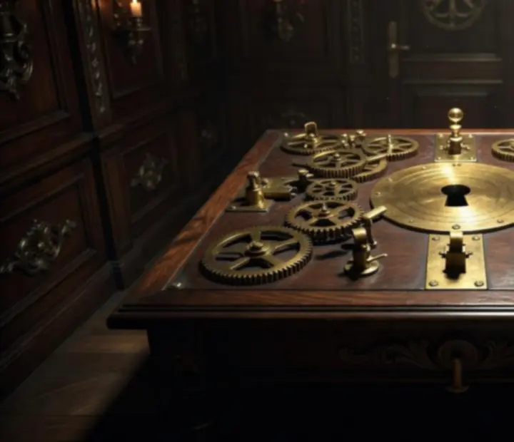 Zbliżenie na mosiężny mechanizm z gry The Room Three