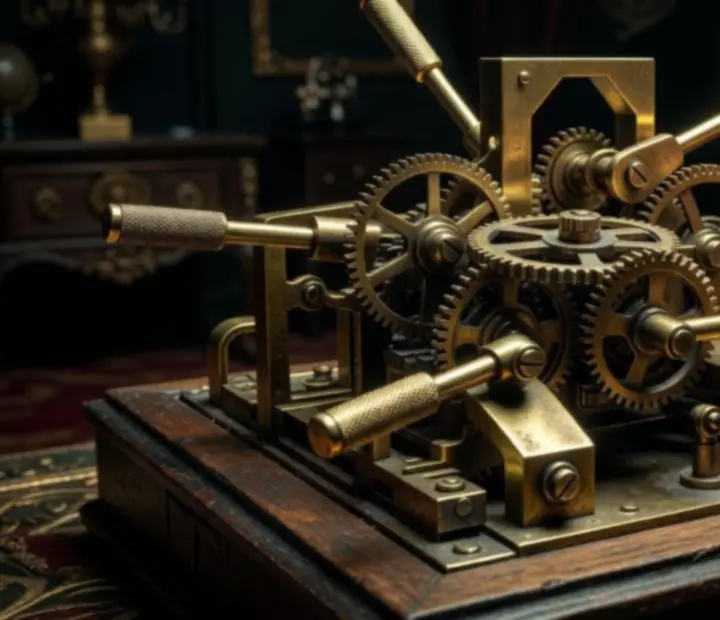 Zbliżenie na złożony mechanizm 3D w The Room Three z obracającymi się pierścieniami i ruchomymi elementami