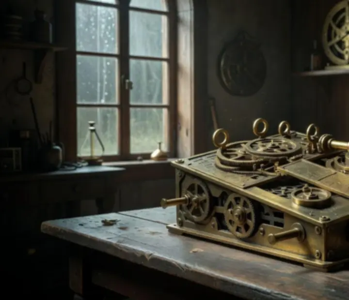 Początkowa łamigłówka w The Room Three przedstawiająca mechaniczny stół z podświetlonym elementem