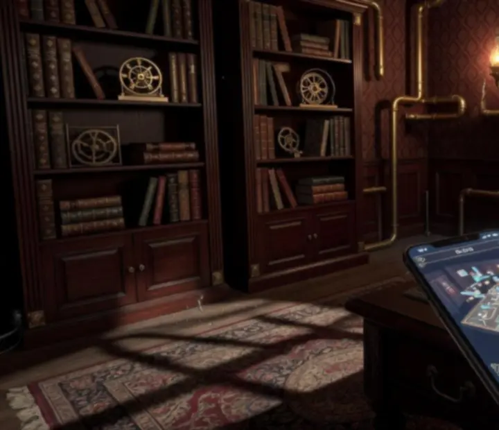 Widok lokacji w The Room Three z zaznaczonymi kierunkami gestów przesuwania i przybliżania