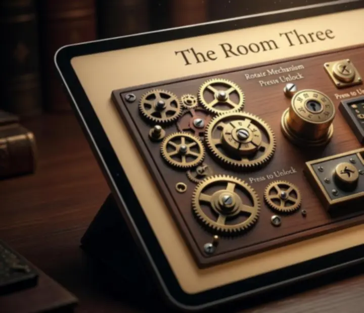Zbliżenie na mosiężny mechanizm z kluczem, symbolizujące sterowanie dotykowe w The Room Three